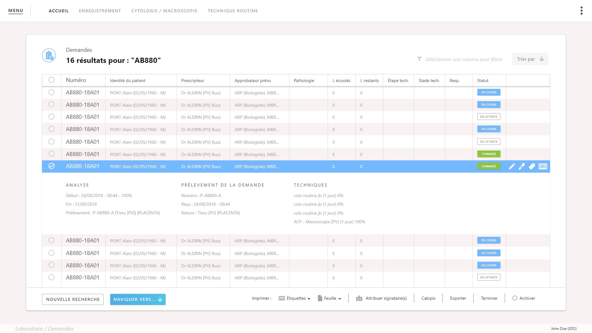 écran de la liste des résultats de l'interface logicielle ariane