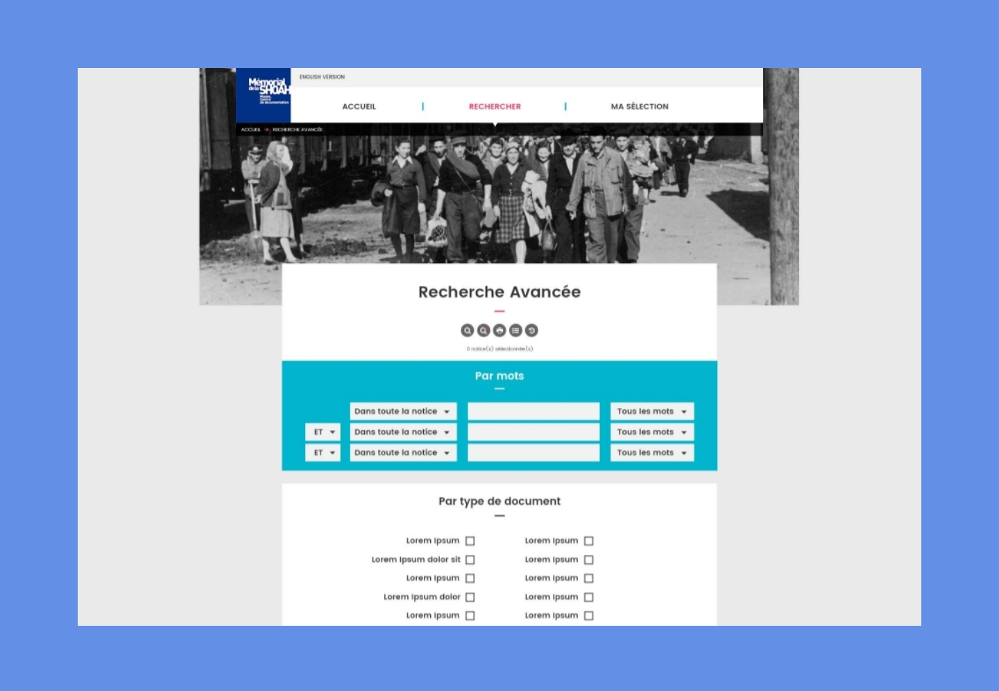 écran de la recherche avancée du centre de documentation du mémorial de la shoah