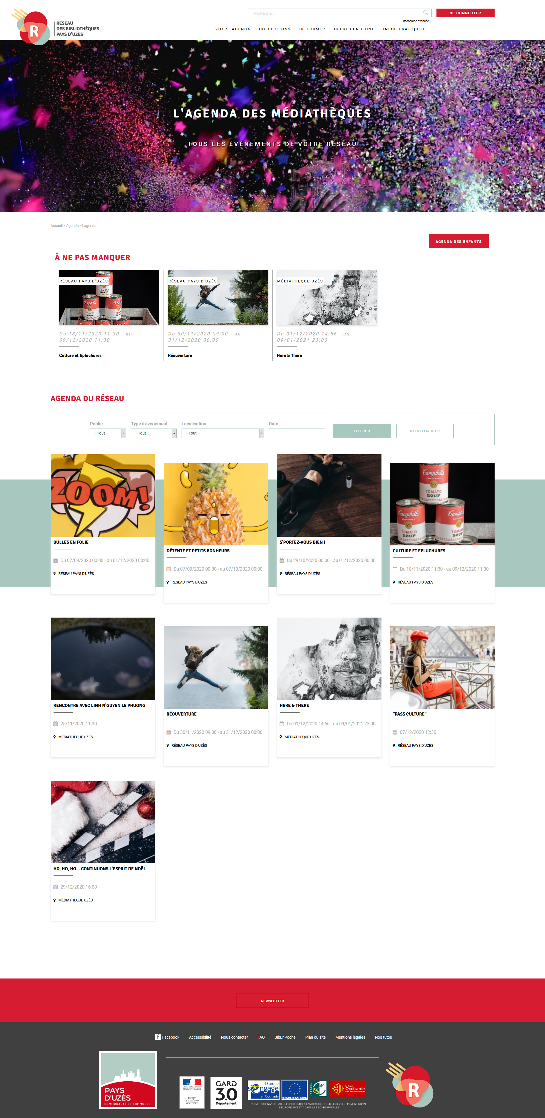 écran de la page agenda de la médiathèque du Pays d'Uzès